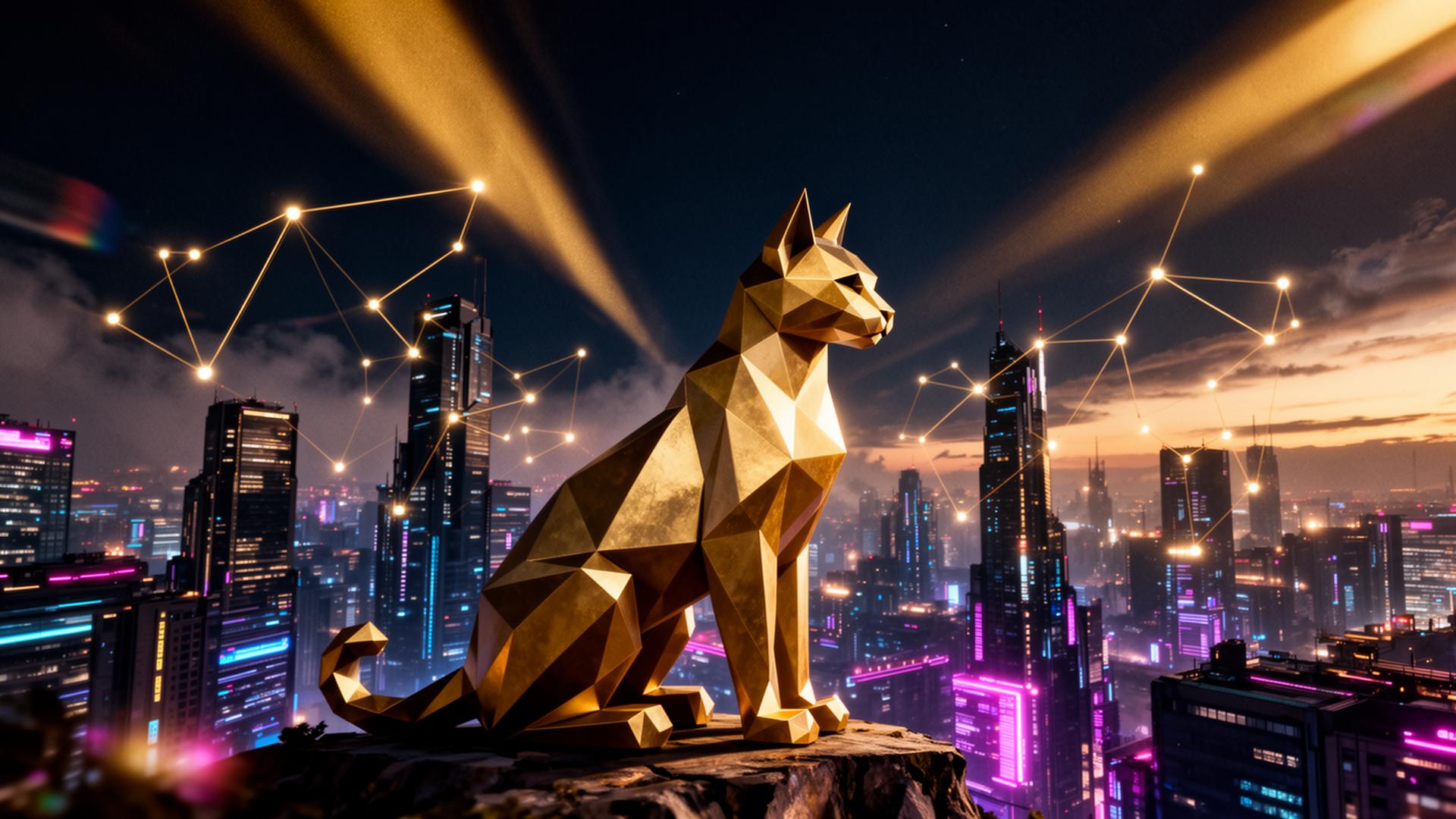 Golden geometric lynx overlooking a neon cityscape